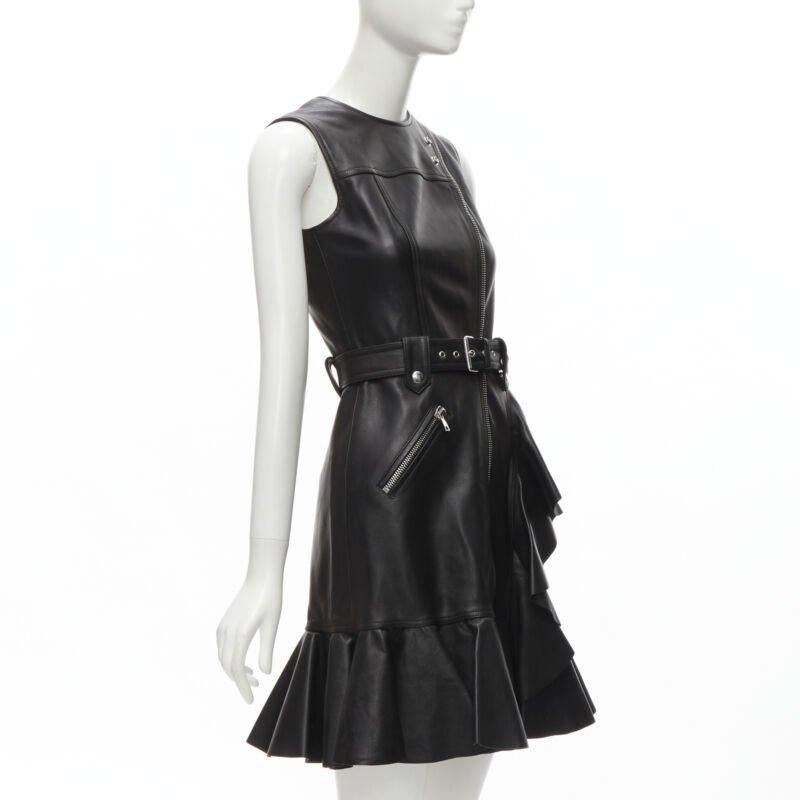 Black ALEXANDER MCQUEEN 2022 black leather biker belted ruffle trim dress IT38 XS For Sale