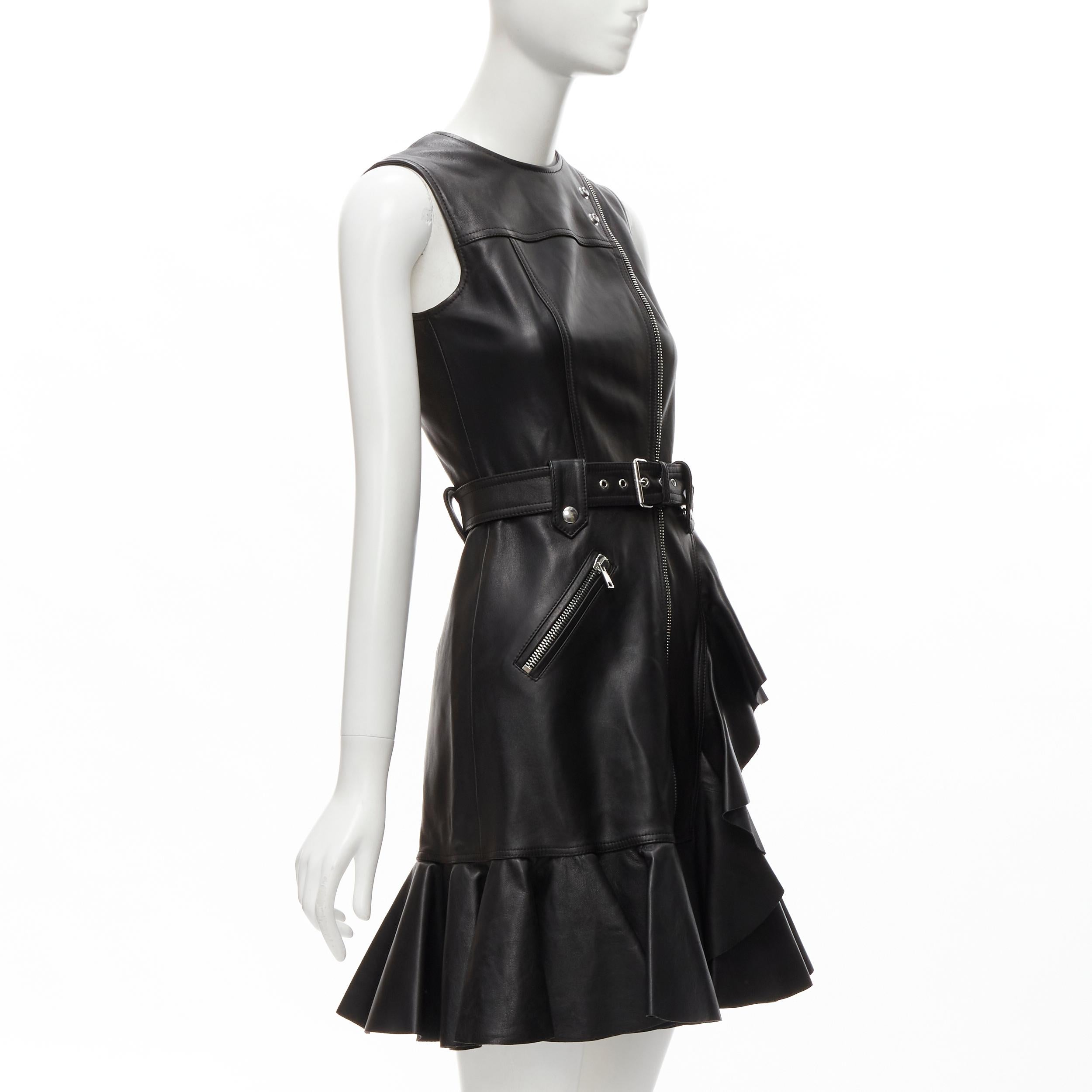 ALEXANDER MCQUEEN 2022 black leather biker belted ruffle trim dress IT38 XS In Excellent Condition For Sale In Hong Kong, NT