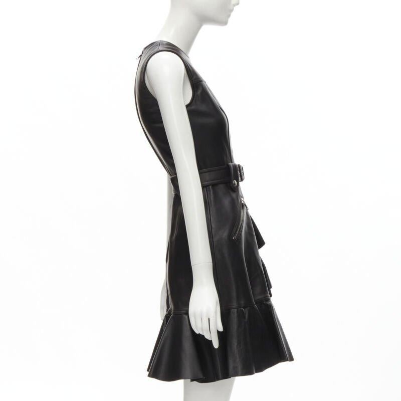 ALEXANDER MCQUEEN 2022 black leather biker belted ruffle trim dress IT38 XS In Excellent Condition For Sale In Hong Kong, NT