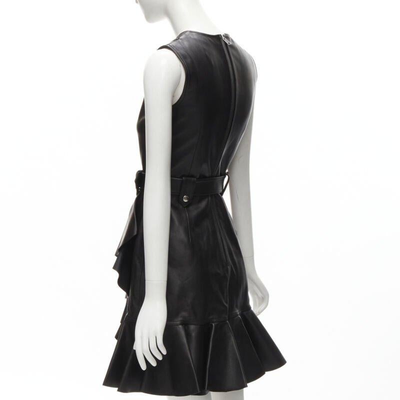 ALEXANDER MCQUEEN 2022 black leather biker belted ruffle trim dress IT38 XS For Sale 1