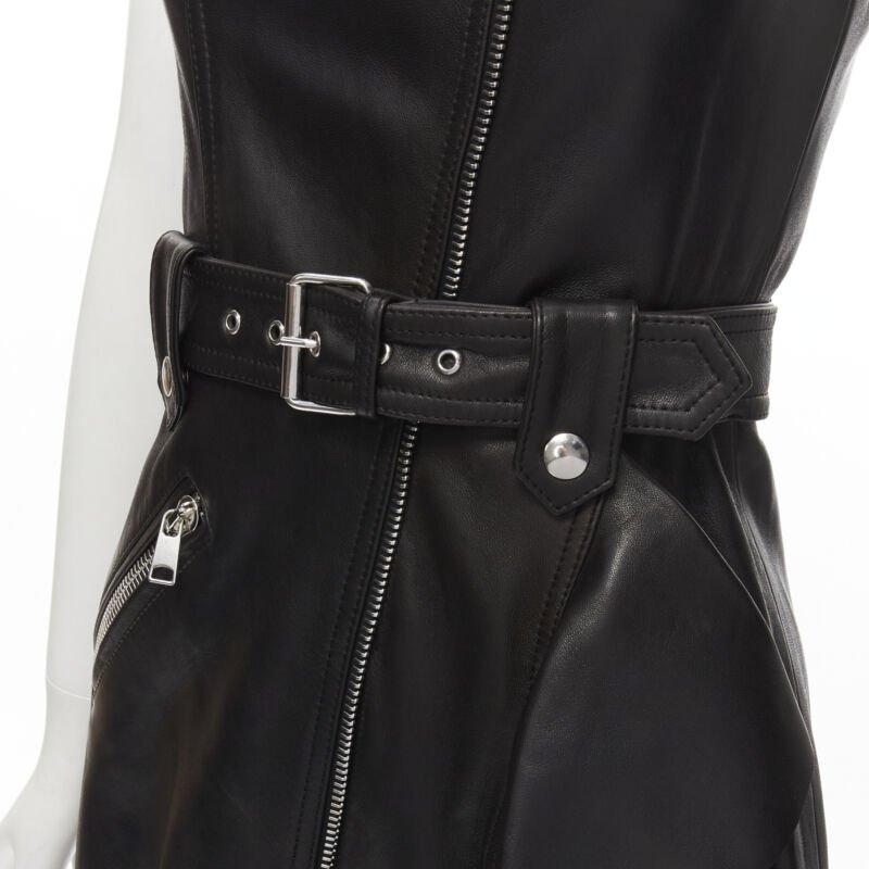 ALEXANDER MCQUEEN 2022 black leather biker belted ruffle trim dress IT38 XS For Sale 3
