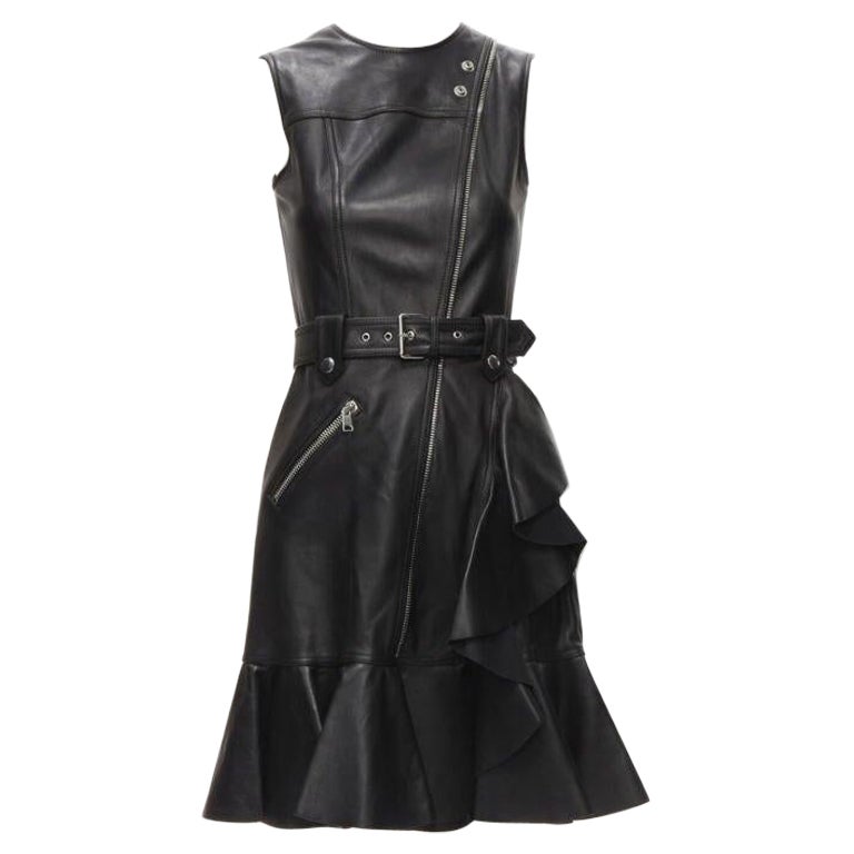 ALEXANDER MCQUEEN 2022 Schwarzes Leder-Bikerjacke-Kleid mit Gürtel und Rüschenbesatz IT38 XS