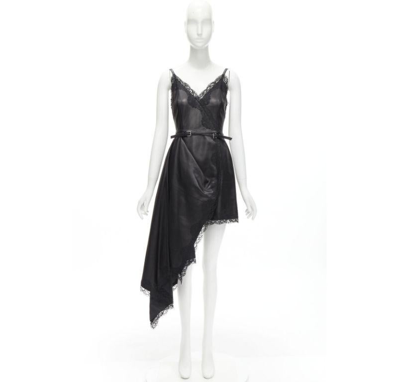 ALEXANDER MCQUEEN 2022 black leather lace asymmetric wrap draped dress IT38 XS For Sale 6