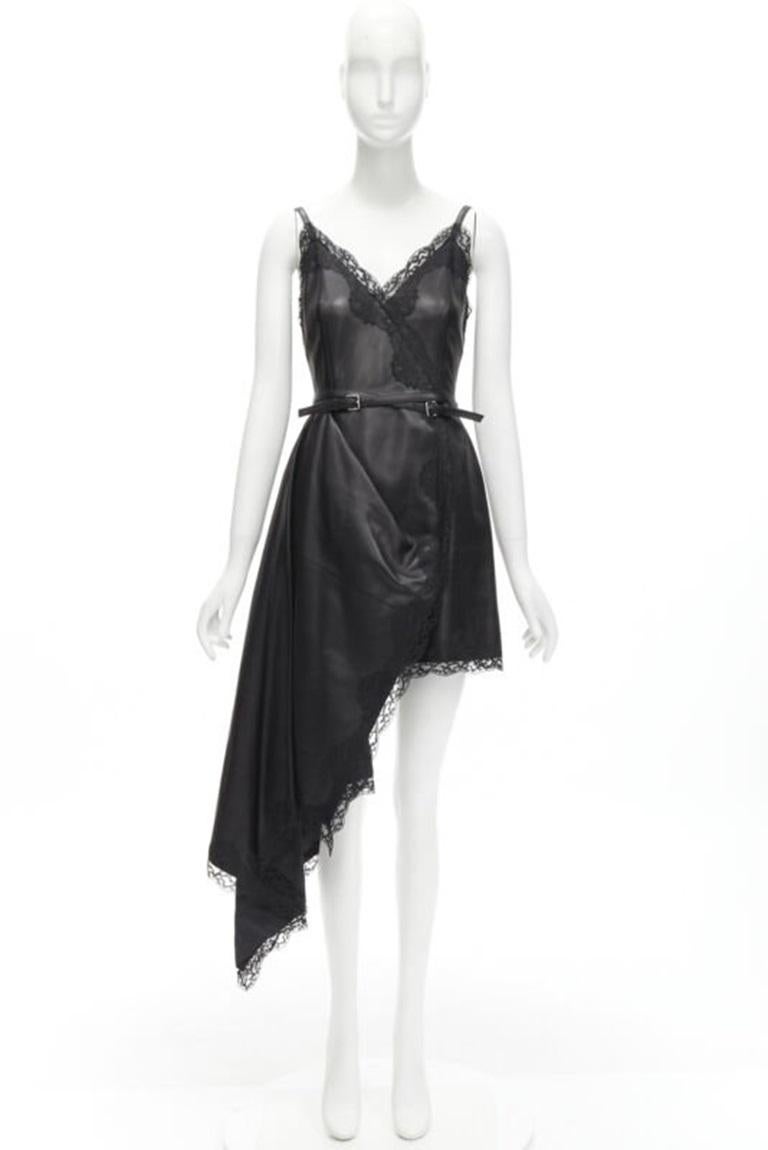 ALEXANDER MCQUEEN 2022 black leather lace asymmetric wrap draped dress IT38 XS For Sale 6