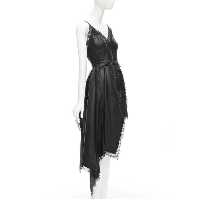 Black ALEXANDER MCQUEEN 2022 black leather lace asymmetric wrap draped dress IT38 XS For Sale