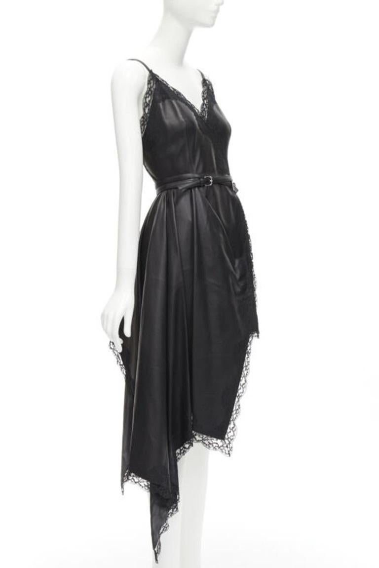 Black ALEXANDER MCQUEEN 2022 black leather lace asymmetric wrap draped dress IT38 XS For Sale