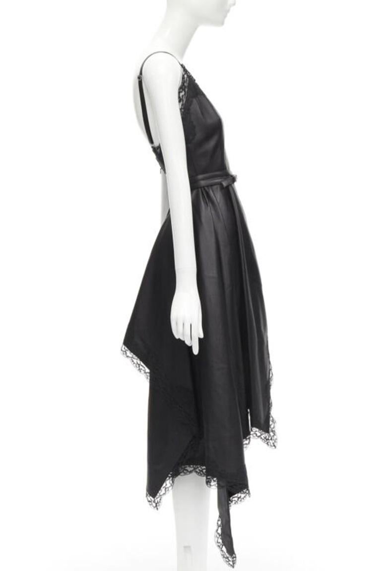 ALEXANDER MCQUEEN 2022 black leather lace asymmetric wrap draped dress IT38 XS In Excellent Condition For Sale In Hong Kong, NT