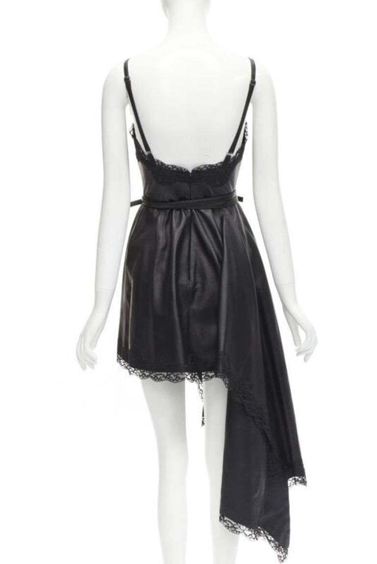 Women's ALEXANDER MCQUEEN 2022 black leather lace asymmetric wrap draped dress IT38 XS For Sale