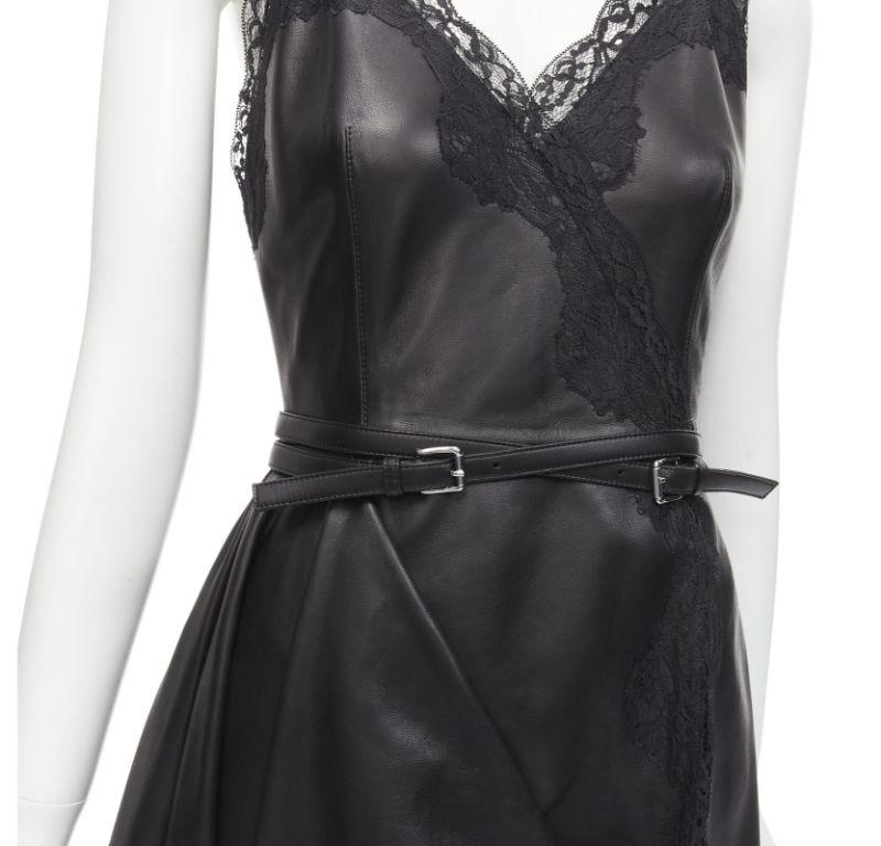ALEXANDER MCQUEEN 2022 black leather lace asymmetric wrap draped dress IT38 XS For Sale 2