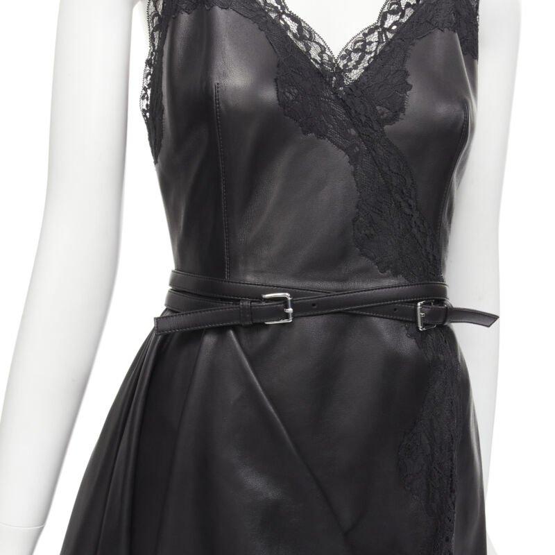 ALEXANDER MCQUEEN 2022 black leather lace asymmetric wrap draped dress IT38 XS For Sale 2
