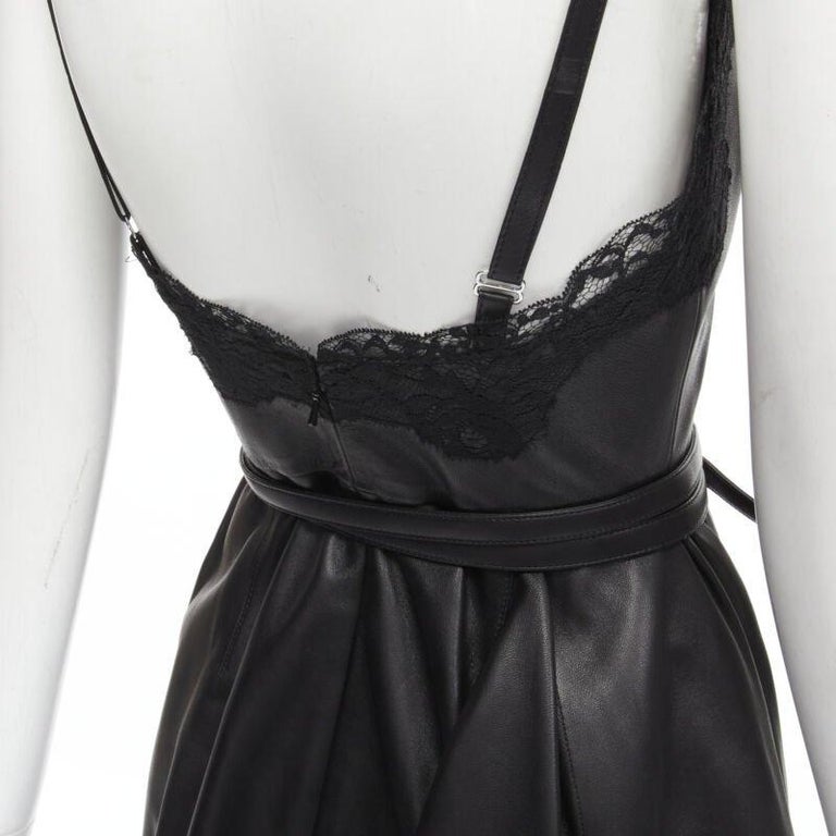 ALEXANDER MCQUEEN 2022 black leather lace asymmetric wrap draped dress IT38  XS For Sale at 1stDibs