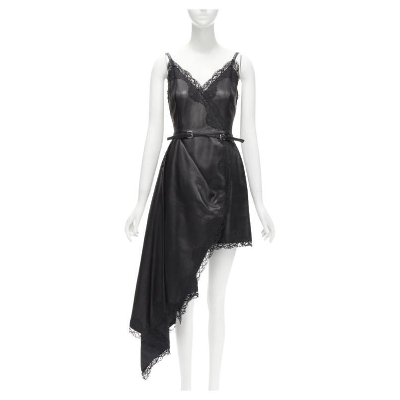 ALEXANDER MCQUEEN 2022 black leather lace asymmetric wrap draped dress IT38 XS For Sale
