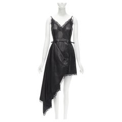 ALEXANDER MCQUEEN 2022 black leather lace asymmetric wrap draped dress IT38 XS