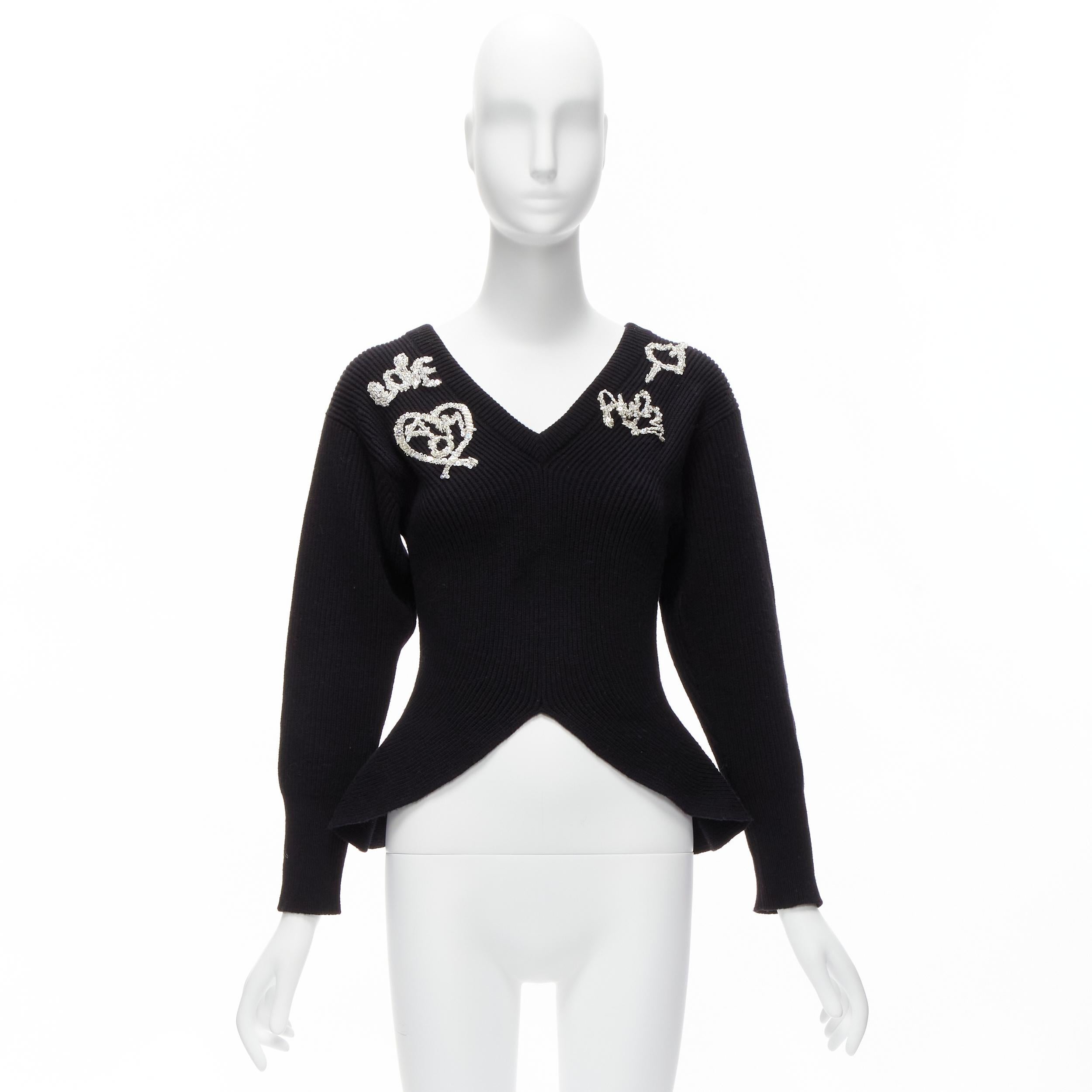 ALEXANDER MCQUEEN 2022 black logo beads embellished peplum ribbed sweater S For Sale 6
