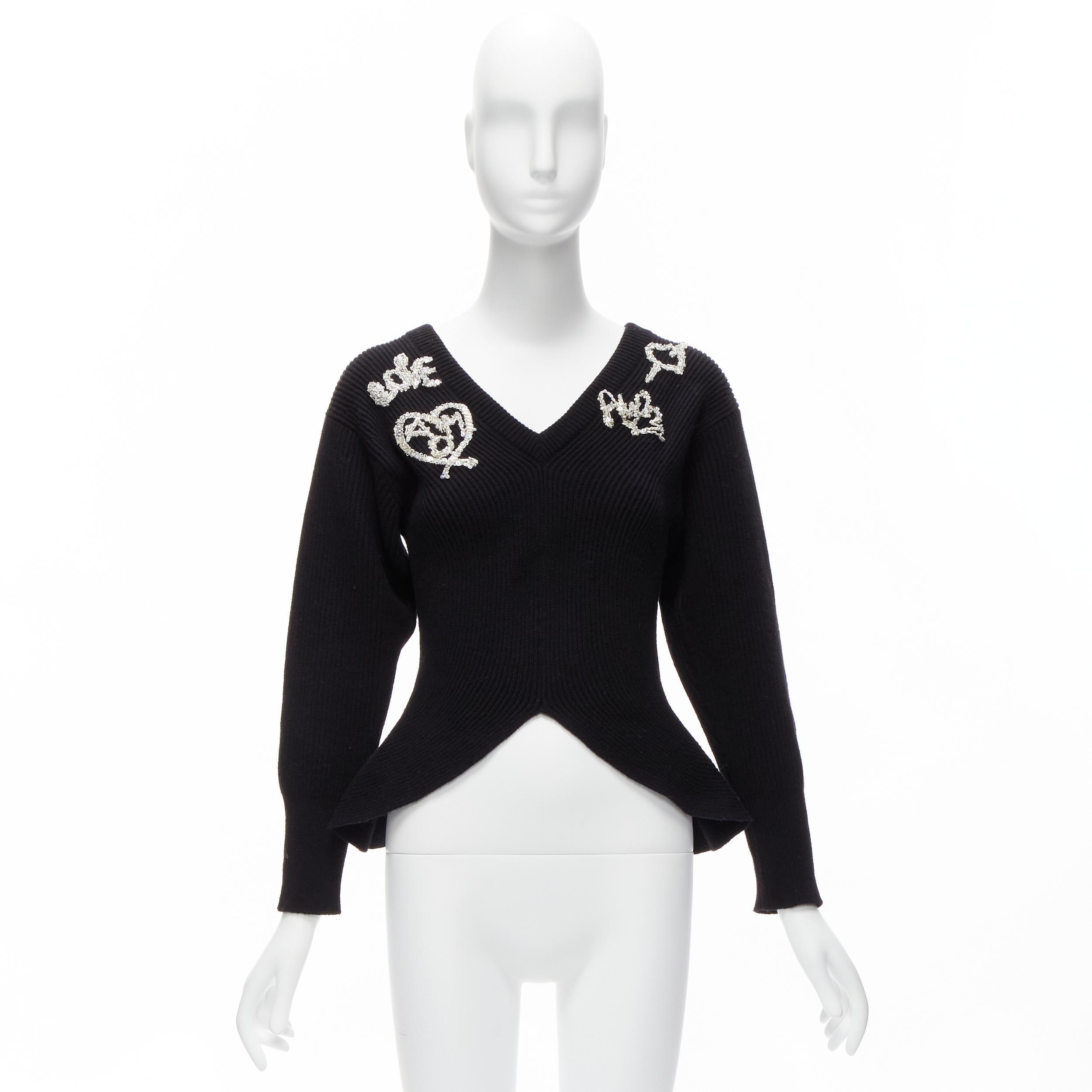 ALEXANDER MCQUEEN 2022 noir logo perles embellies peplum pull côtelé S en vente 5