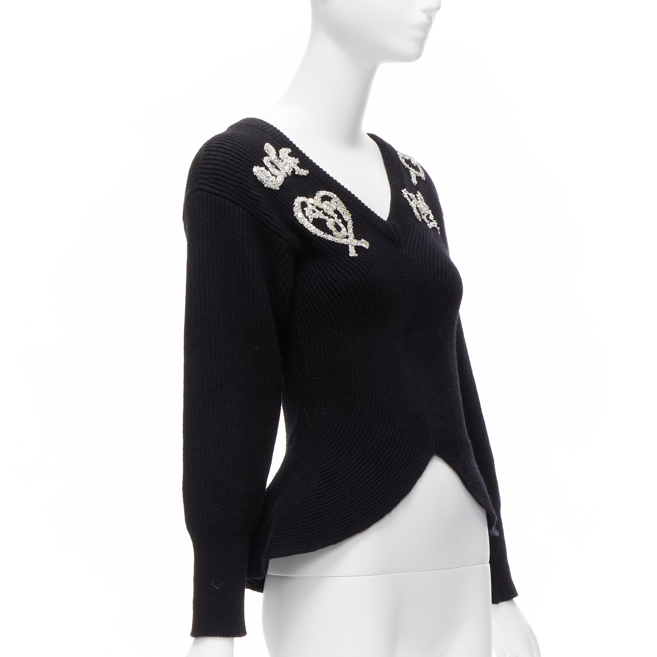 ALEXANDER MCQUEEN 2022 black logo beads embellished peplum ribbed sweater S In Excellent Condition For Sale In Hong Kong, NT