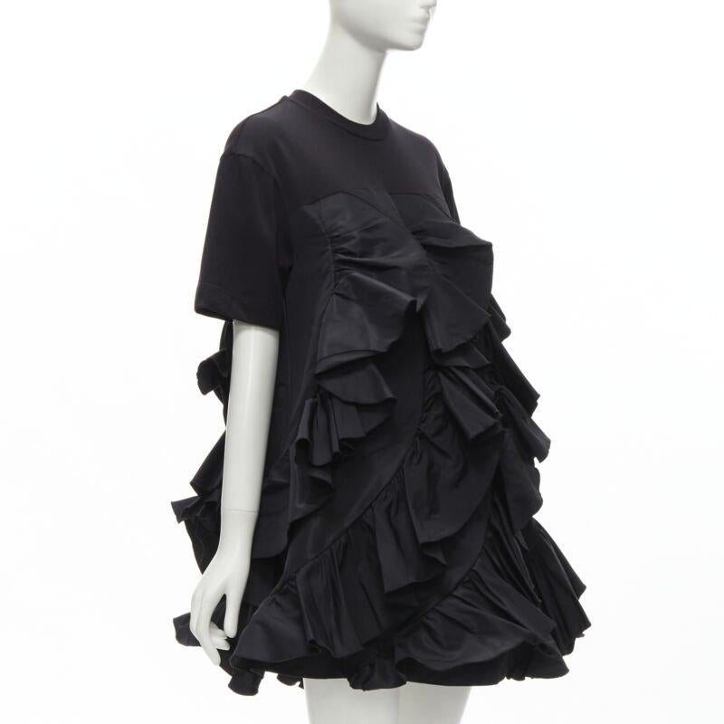 Black ALEXANDER MCQUEEN 2022 Hybrid white ruffle cotton tshirt layered dress IT38 S