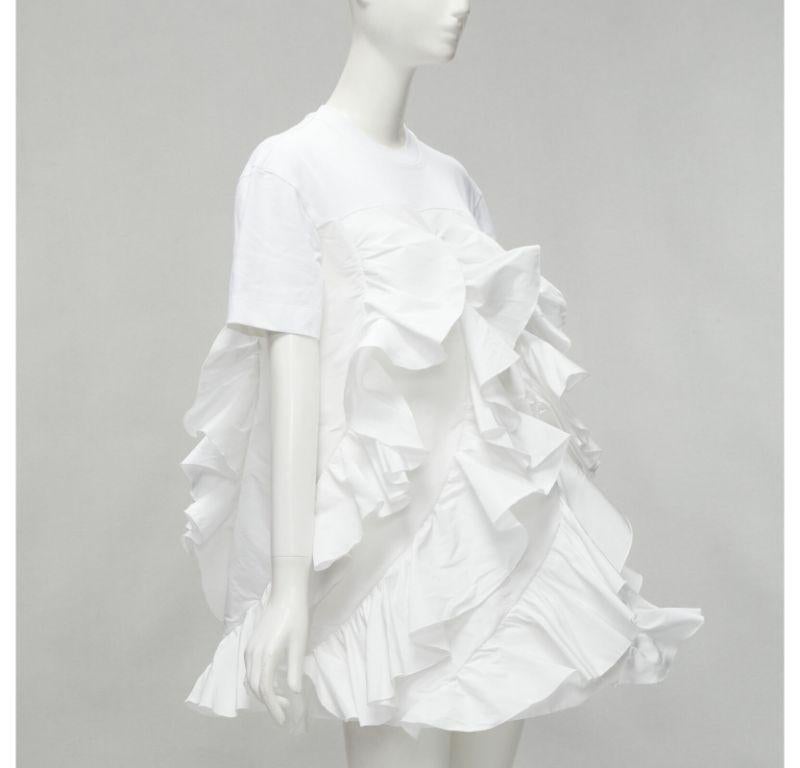 ALEXANDER MCQUEEN 2022 Hybrid white spiral ruffle cotton tshirt dress IT36 XS In Good Condition For Sale In Hong Kong, NT
