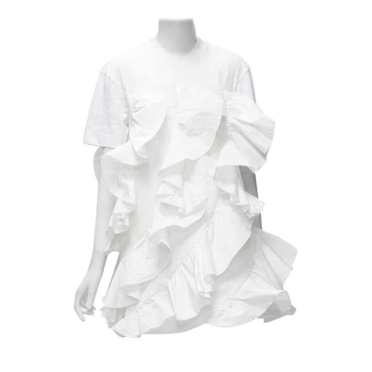alexander mcqueen t shirt dress ALEXANDER MCQUEEN 2022 Hybrid white spiral ruffle cotton tshirt dress IT36 XS