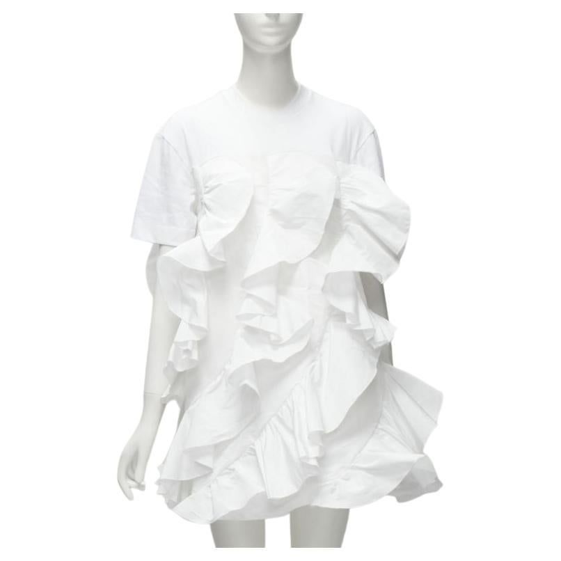 ALEXANDER MCQUEEN 2022 Hybrid white spiral ruffle cotton tshirt dress IT36 XS For Sale