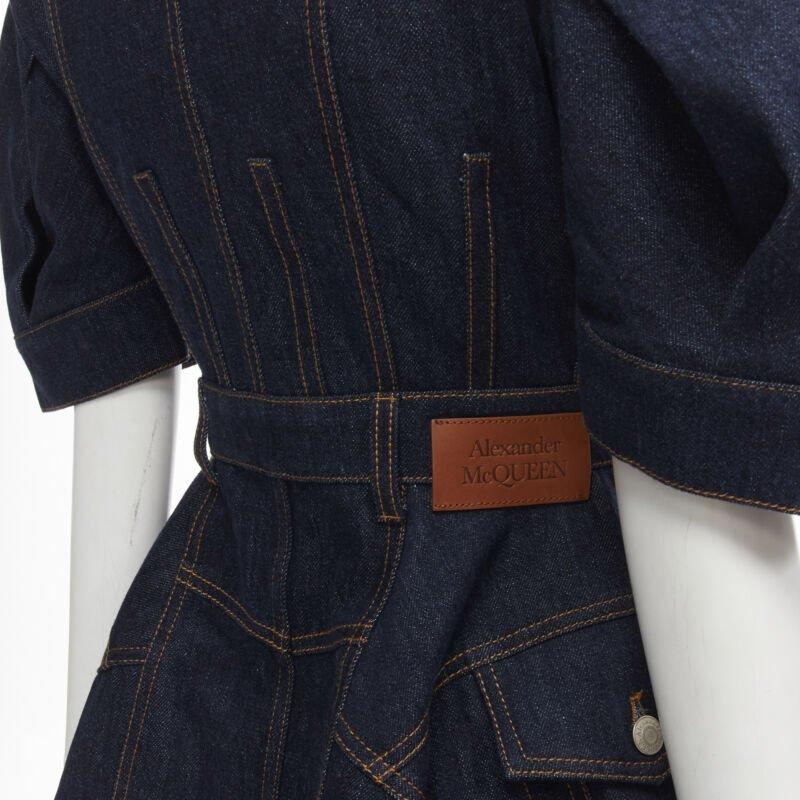 ALEXANDER MCQUEEN 2022 indigo blue denim corset rounded sleeve dress IT38 XS For Sale 5