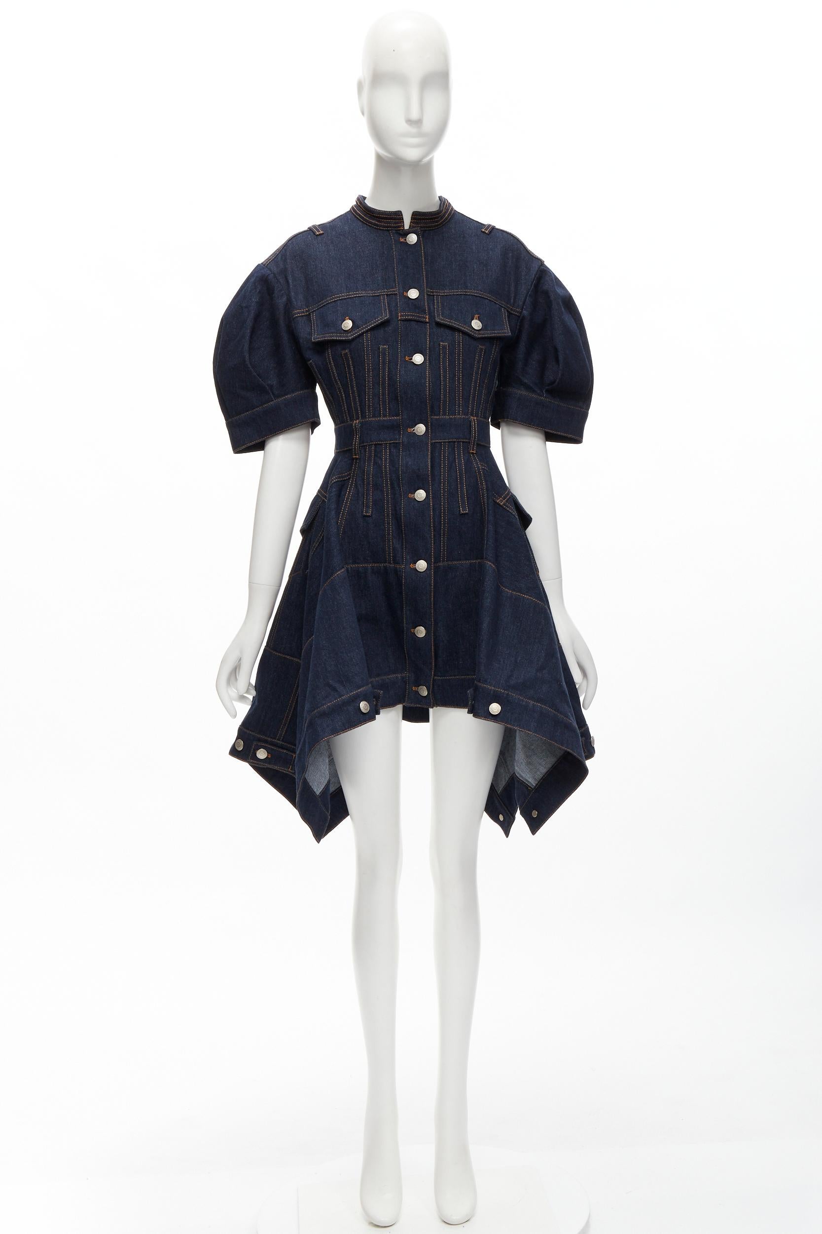 ALEXANDER MCQUEEN 2022 indigo blue denim corset rounded sleeve dress IT38 XS For Sale 7