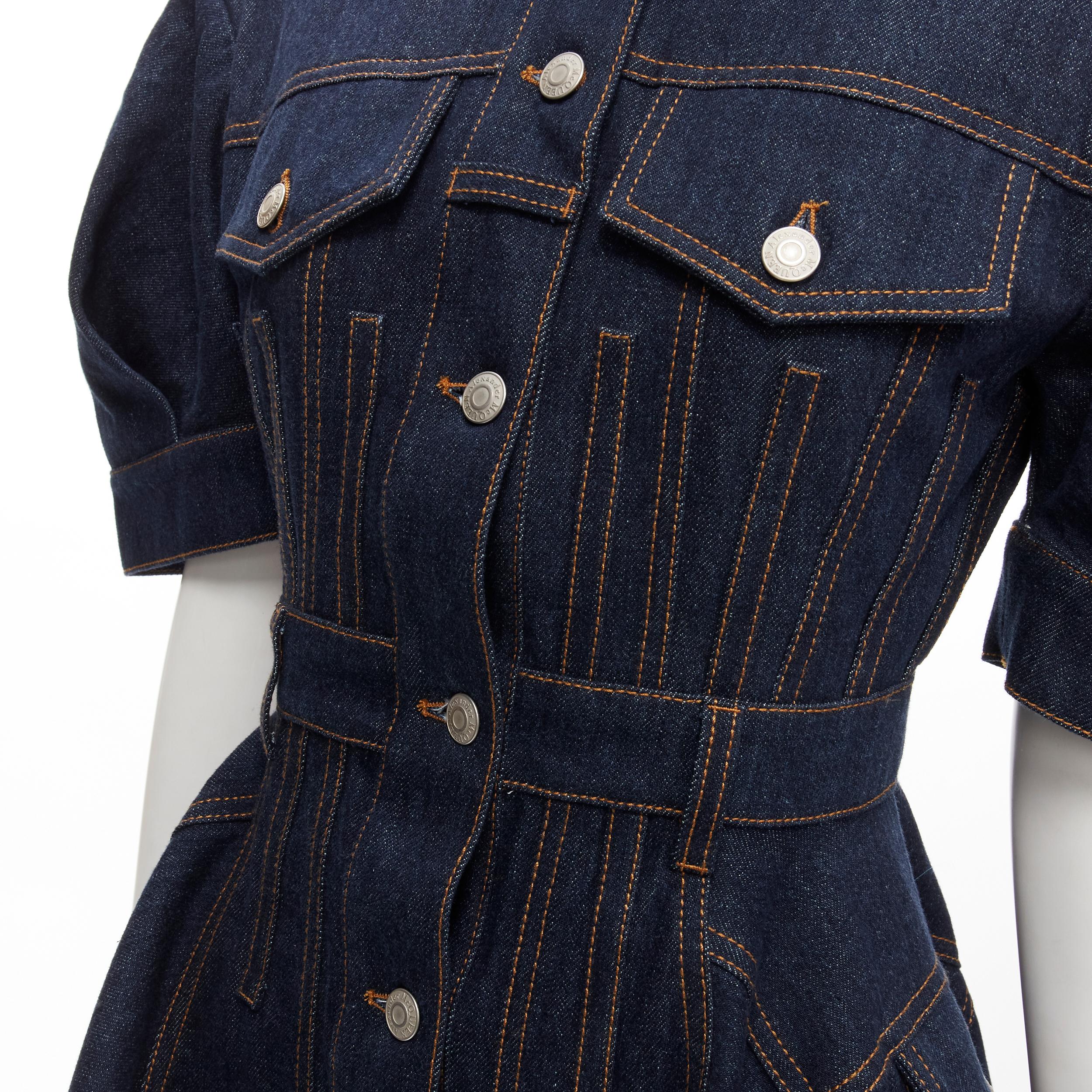 ALEXANDER MCQUEEN 2022 indigo blue denim corset rounded sleeve dress IT38 XS
Brand: Alexander McQueen
Collection: 2021 
Material: Denim
Color: Blue
Pattern: Solid
Closure: Button
Extra Detail: Antique silver buttons. Corset fitted waist. High low
