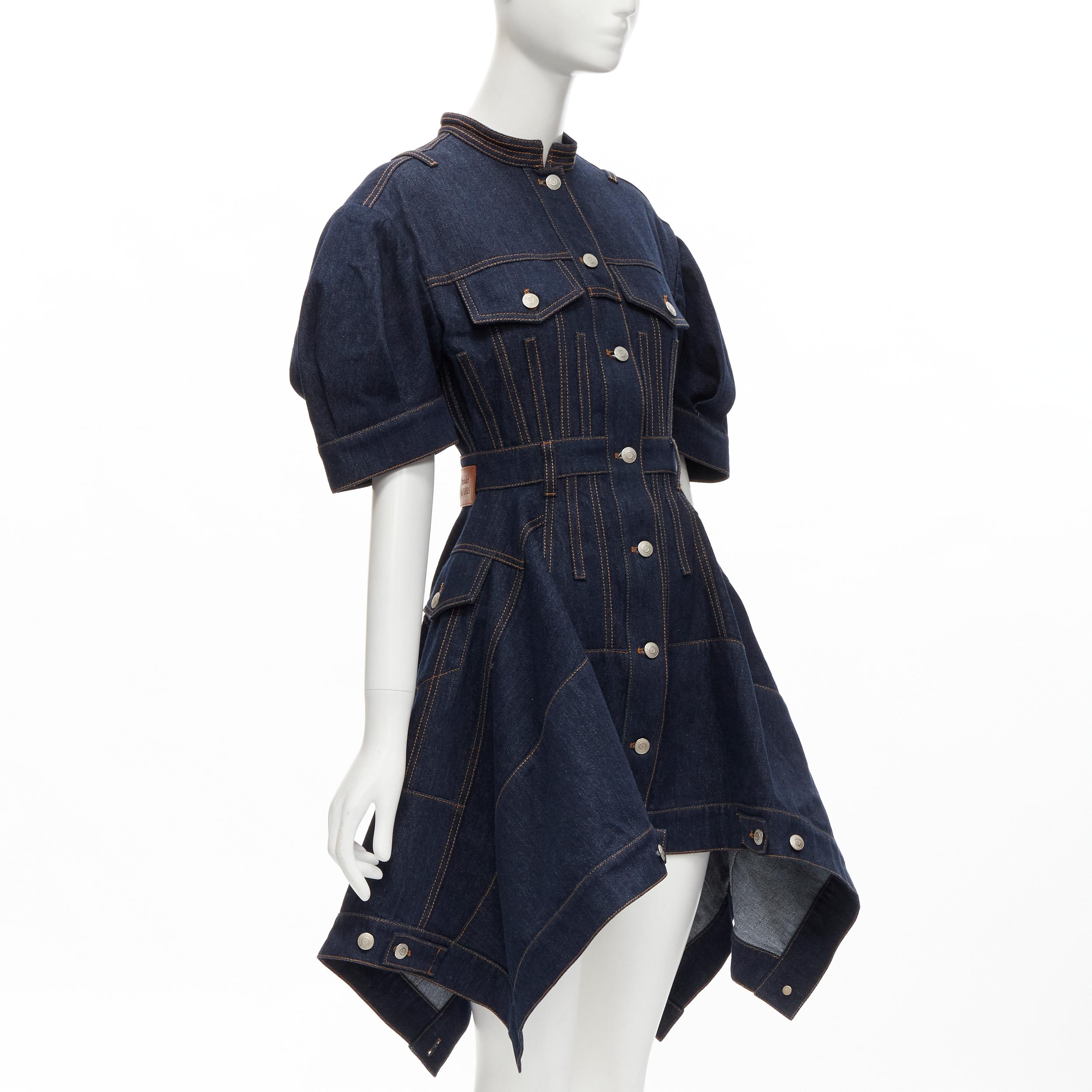 Blue ALEXANDER MCQUEEN 2022 indigo blue denim corset rounded sleeve dress IT38 XS For Sale