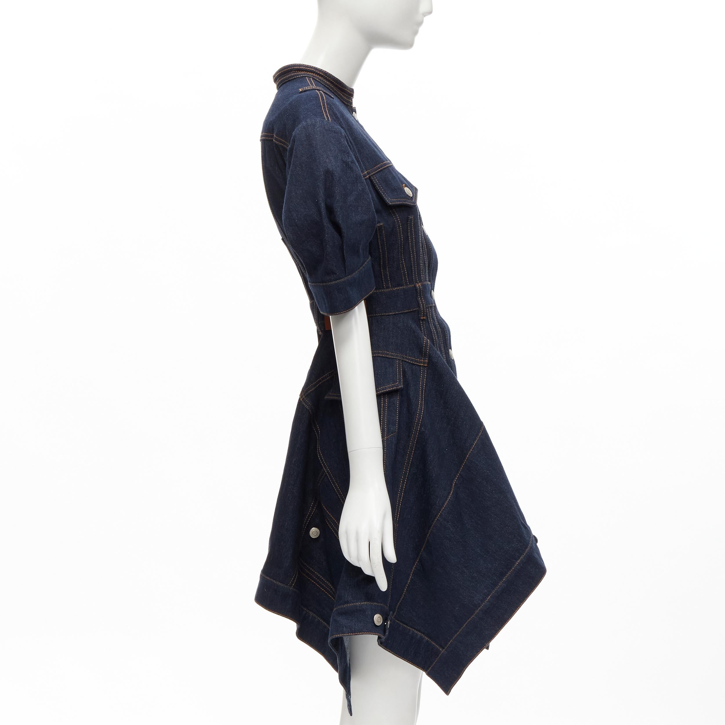 ALEXANDER MCQUEEN 2022 indigo blue denim corset rounded sleeve dress IT38 XS In Excellent Condition For Sale In Hong Kong, NT