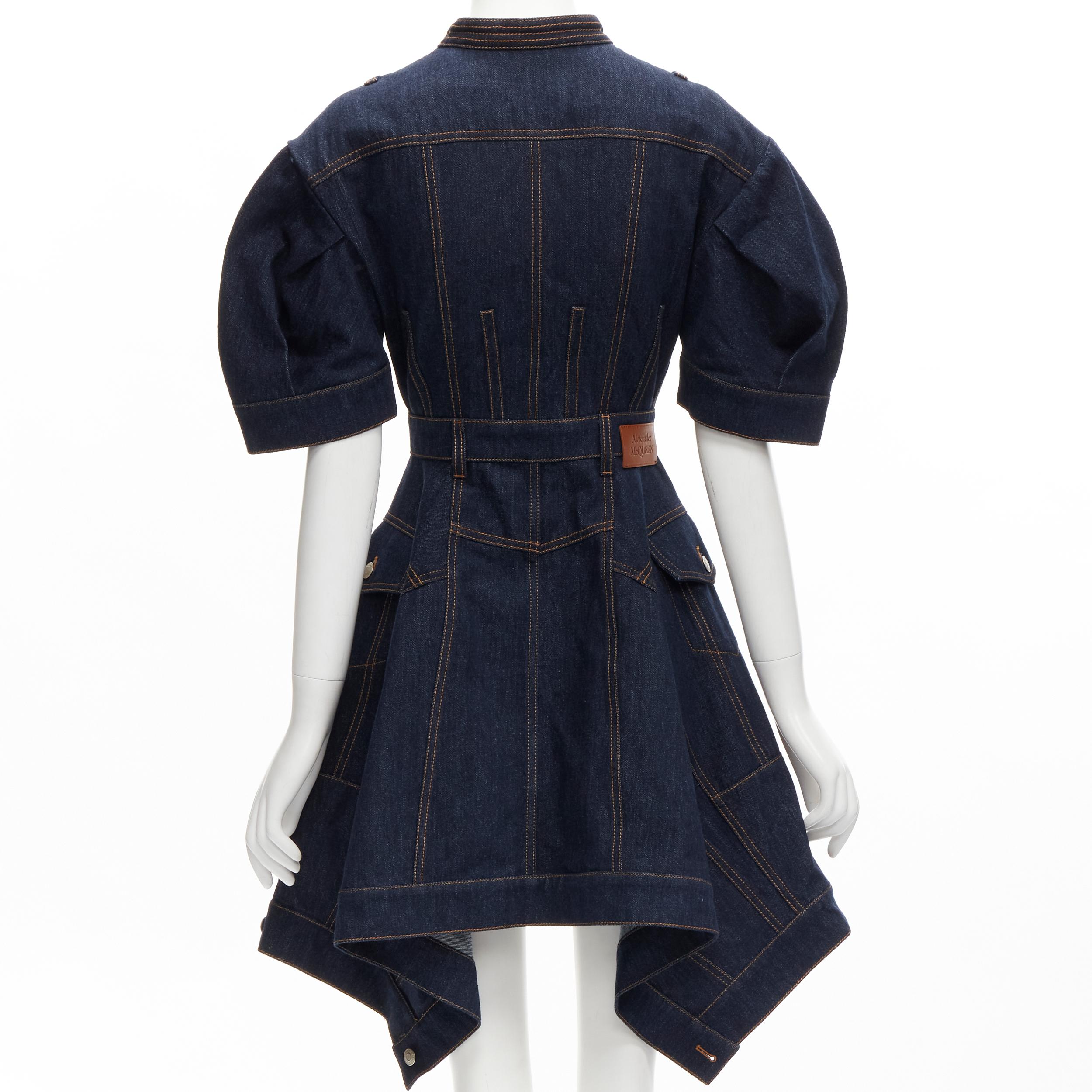 Women's ALEXANDER MCQUEEN 2022 indigo blue denim corset rounded sleeve dress IT38 XS For Sale