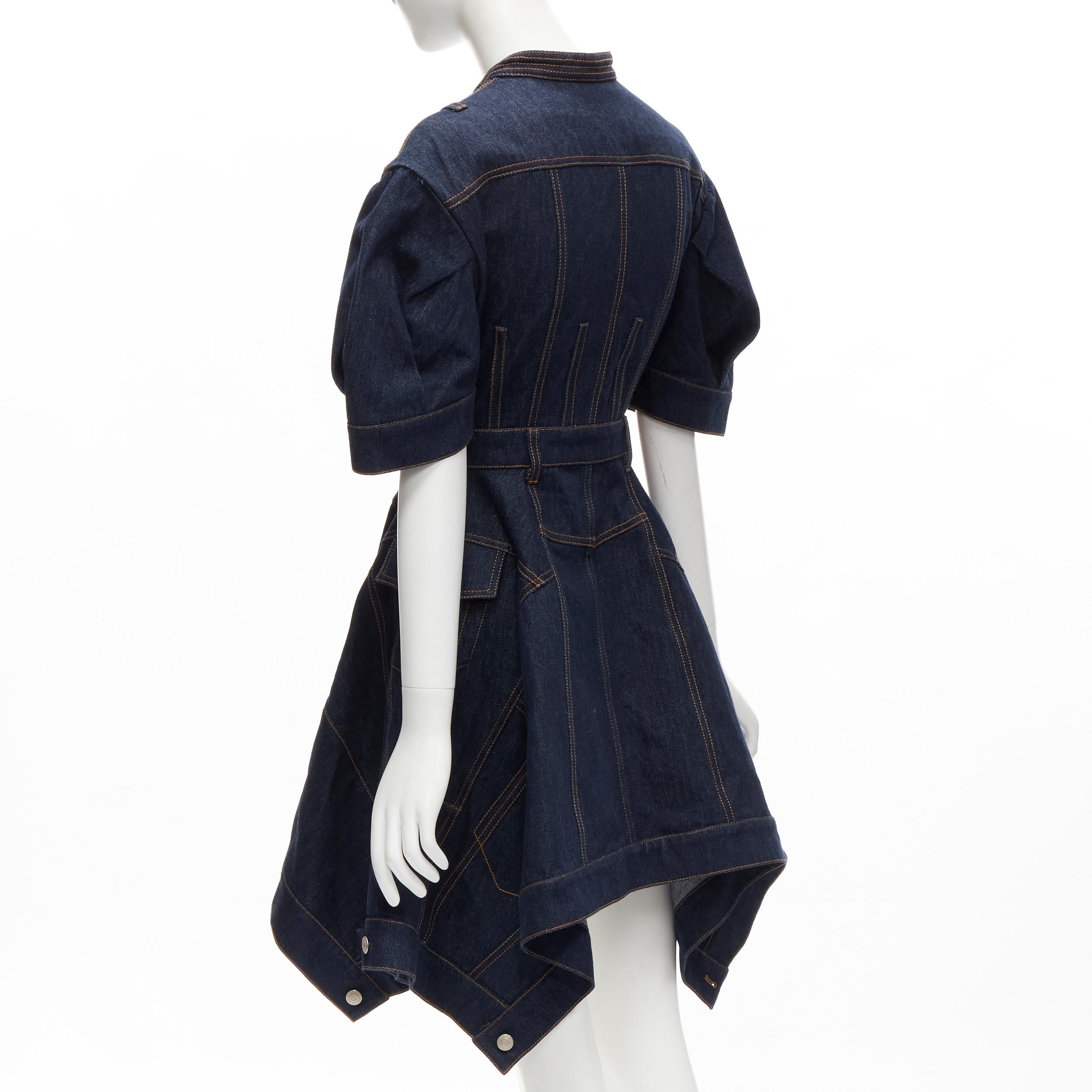 ALEXANDER MCQUEEN 2022 indigo blue denim corset rounded sleeve dress IT38 XS For Sale 1