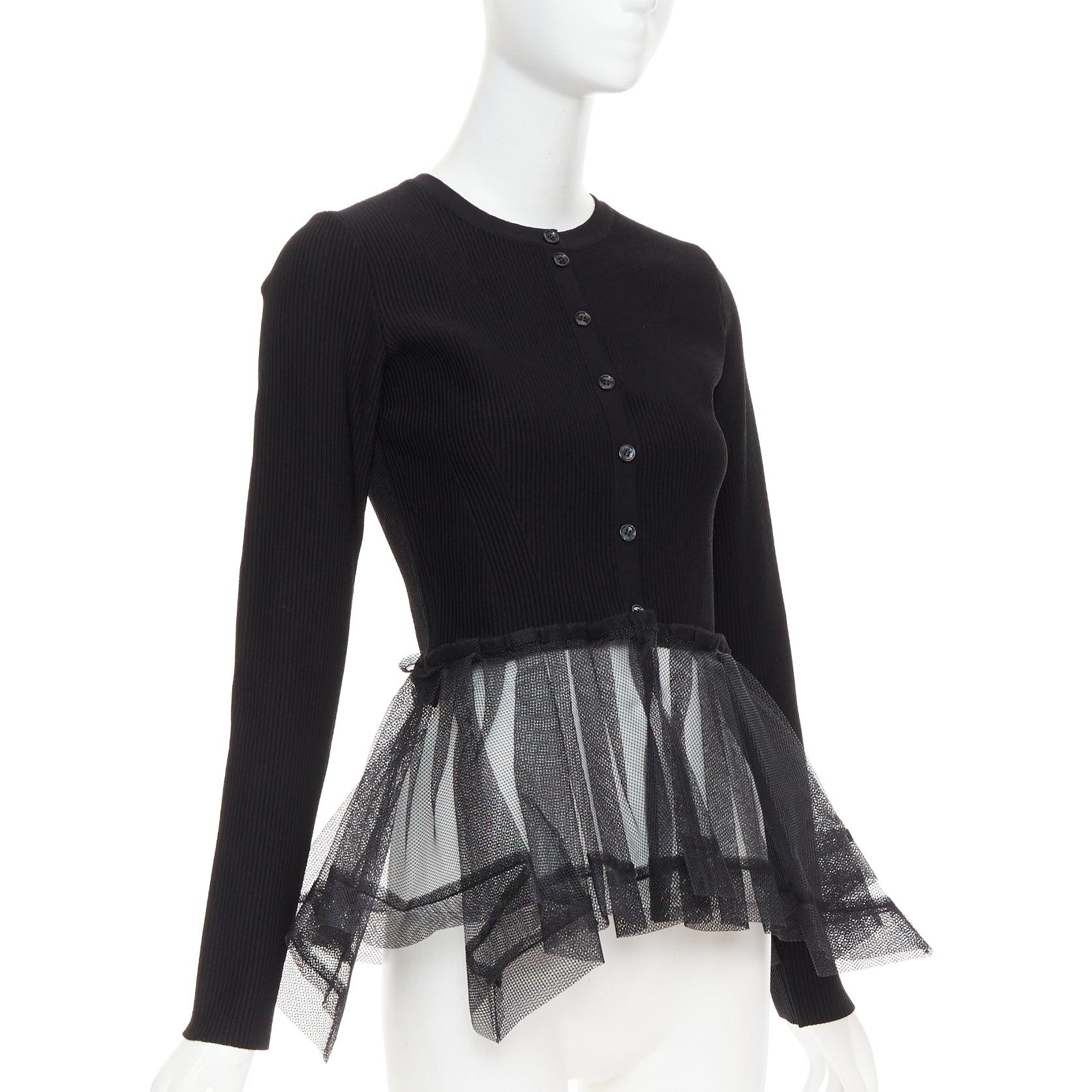 ALEXANDER MCQUEEN 2023 schwarz gerippt steif durchsichtiger Tüll Schößchen Strickjacke Pullover S (Schwarz) im Angebot