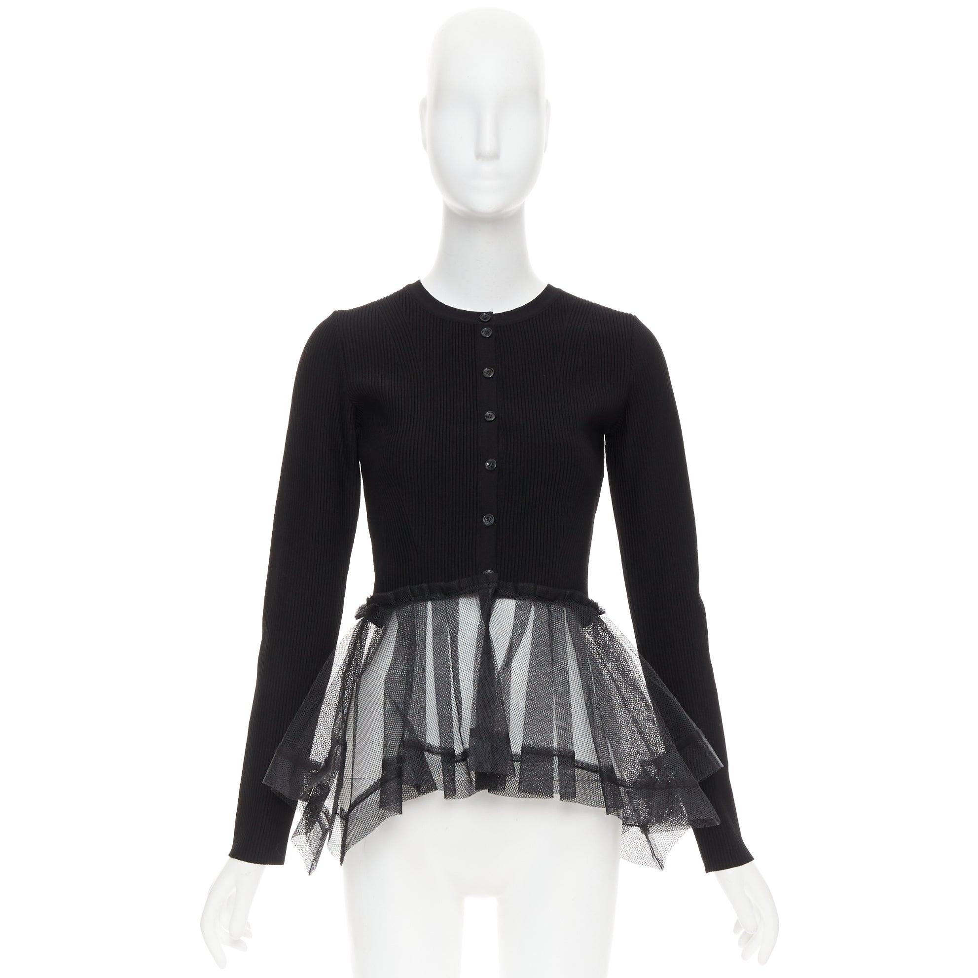 ALEXANDER MCQUEEN 2023 schwarz gerippt steif durchsichtiger Tüll Schößchen Strickjacke Pullover S im Angebot 4