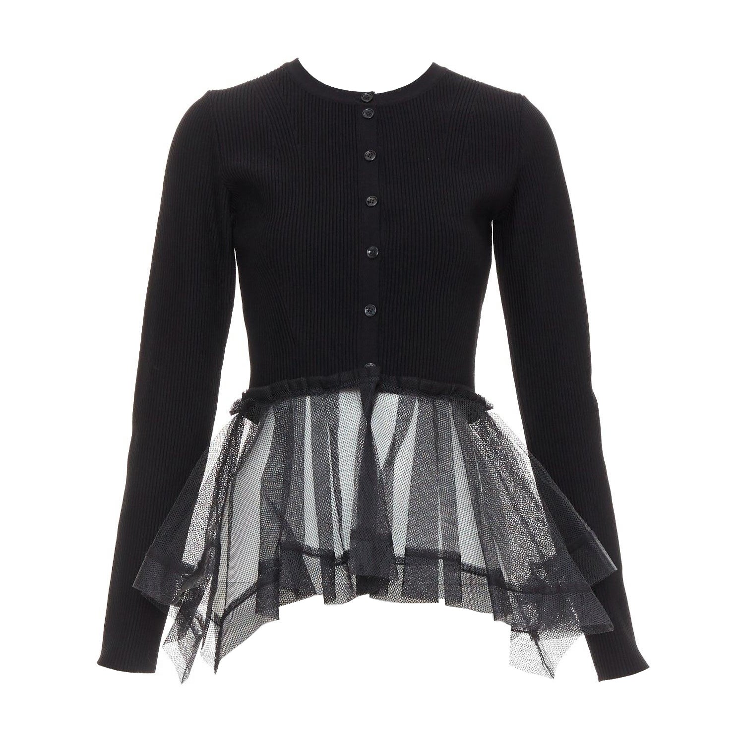 ALEXANDER MCQUEEN 2023 schwarz gerippt steif durchsichtiger Tüll Schößchen Strickjacke Pullover S im Angebot