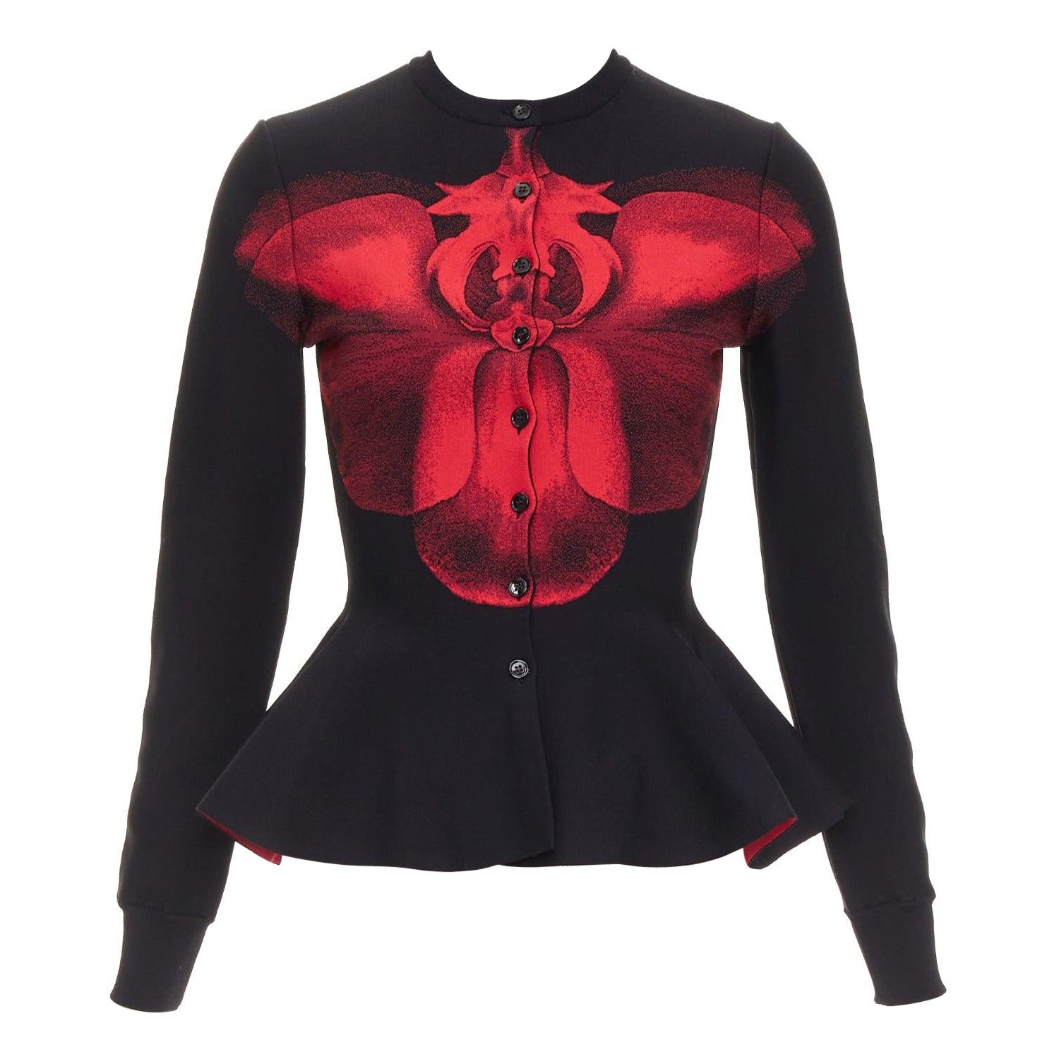 ALEXANDER MCQUEEN 2023 Ätherische Orchidee rot geblümte Jacquard-Schößchen-Strickjacke S im Angebot