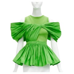 ALEXANDER MCQUEEN 2023 green cotton pleated peplum faille cold shoulder top IT38