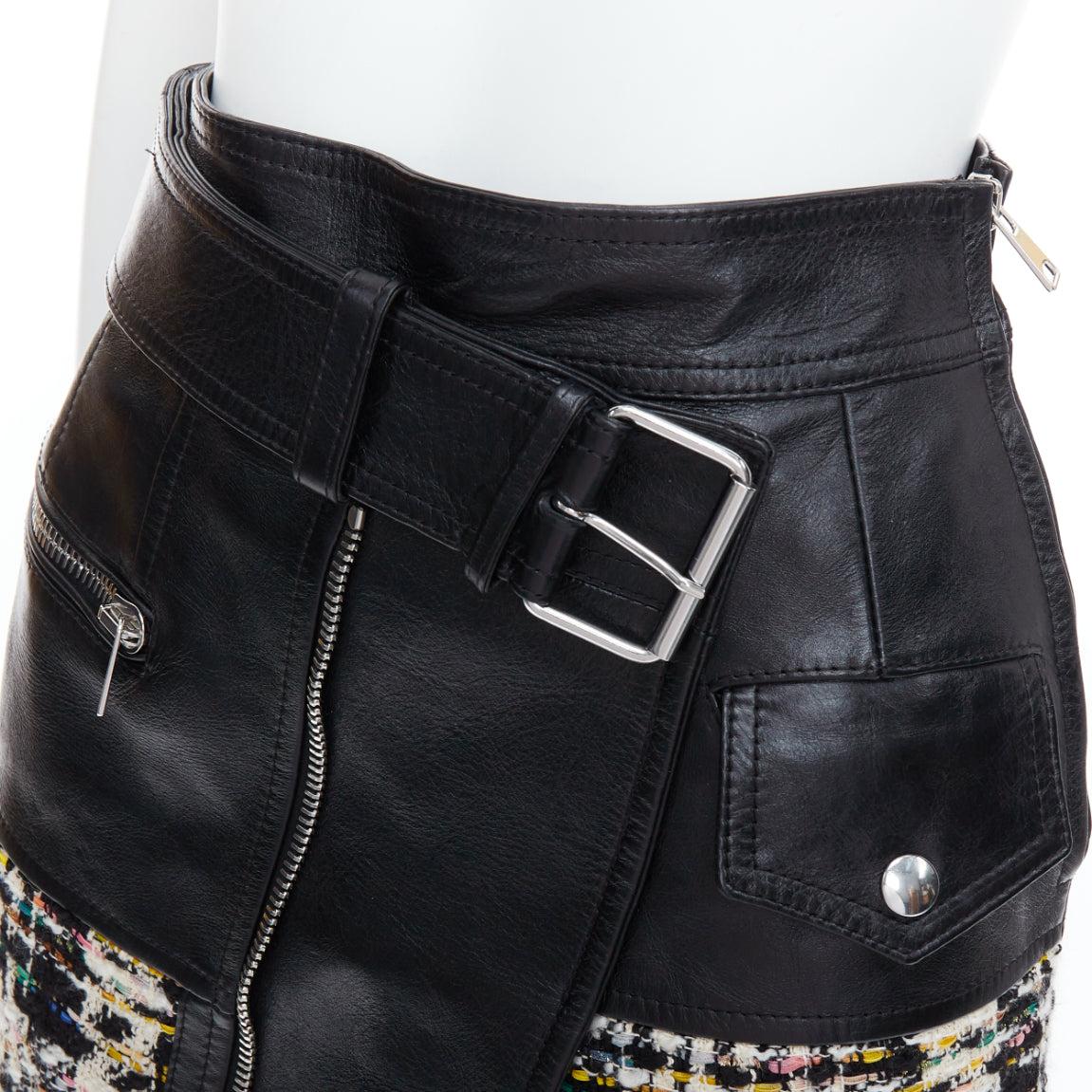 ALEXANDER MCQUEEN 2023 Hybrid leather tweed deconstructed biker skirt IT36 XXS
Reference: AAWC/A01338
Brand: Alexander McQueen
Designer: Sarah Burton
Collection: 2023
Material: Leather, Cotton, Blend
Color: Black, Multicolour
Pattern: Tweed
Closure: