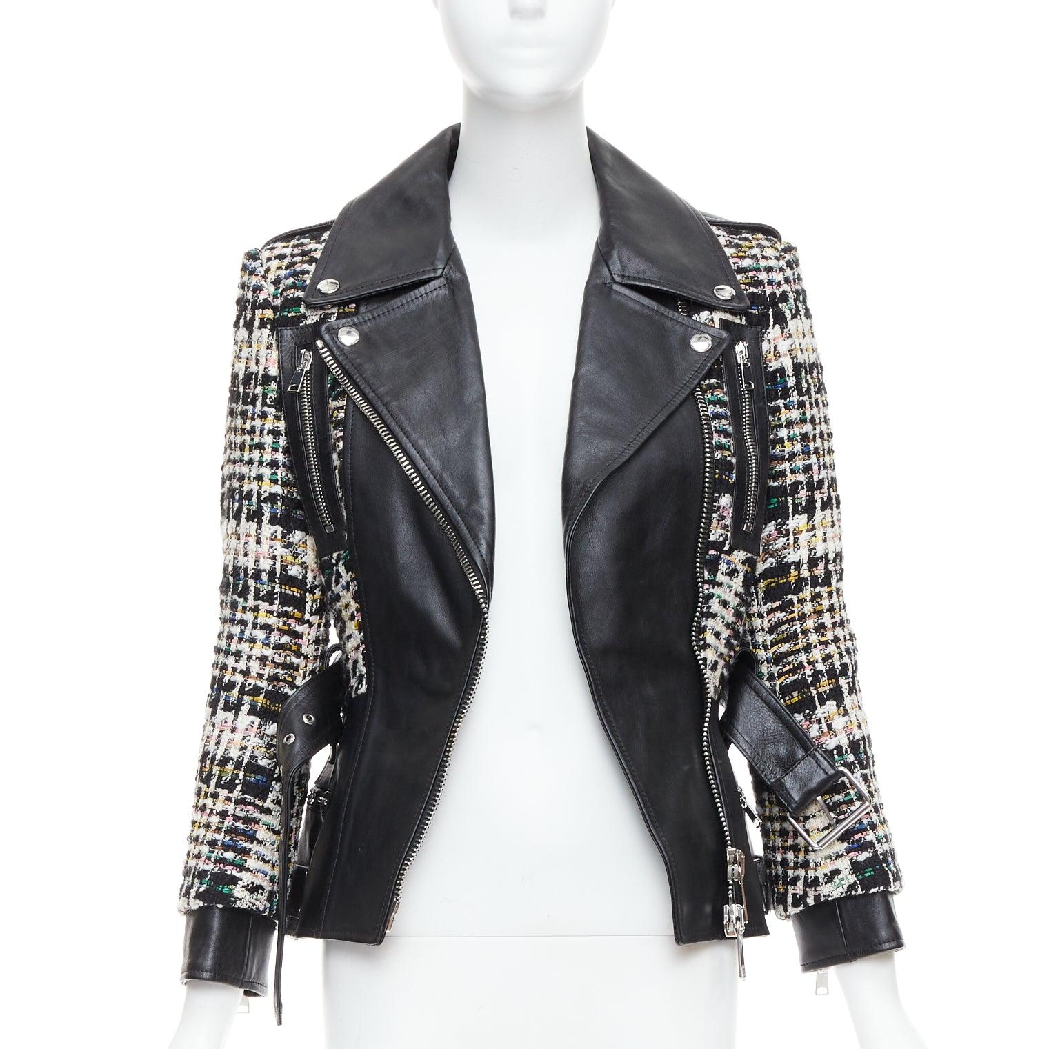 Nero Alexander McQueen 2023 Giacca biker ibrida in pelle nera tweed IT36 XXS in vendita