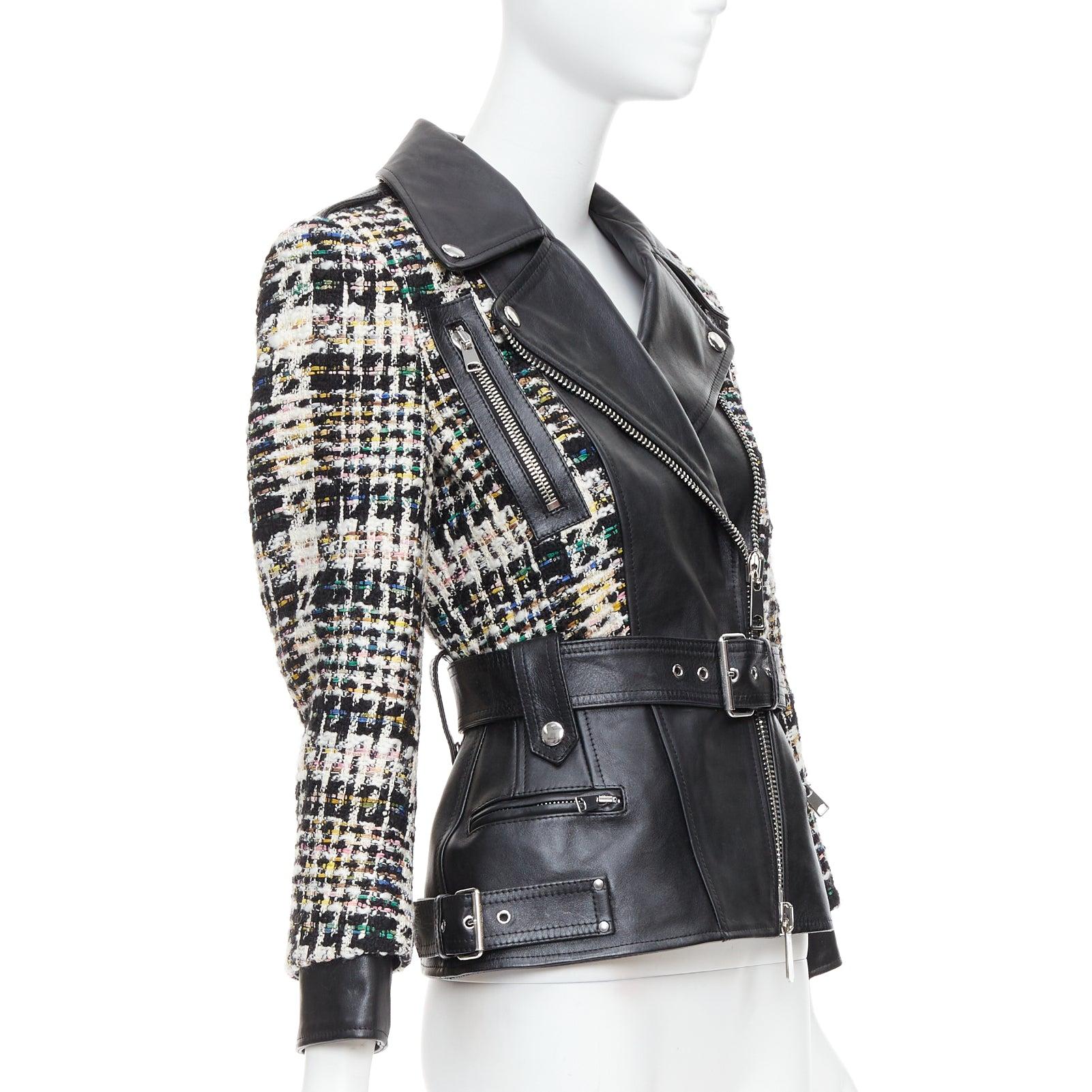 Alexander McQueen 2023 Giacca biker ibrida in pelle nera tweed IT36 XXS In condizioni buone in vendita a Hong Kong, NT