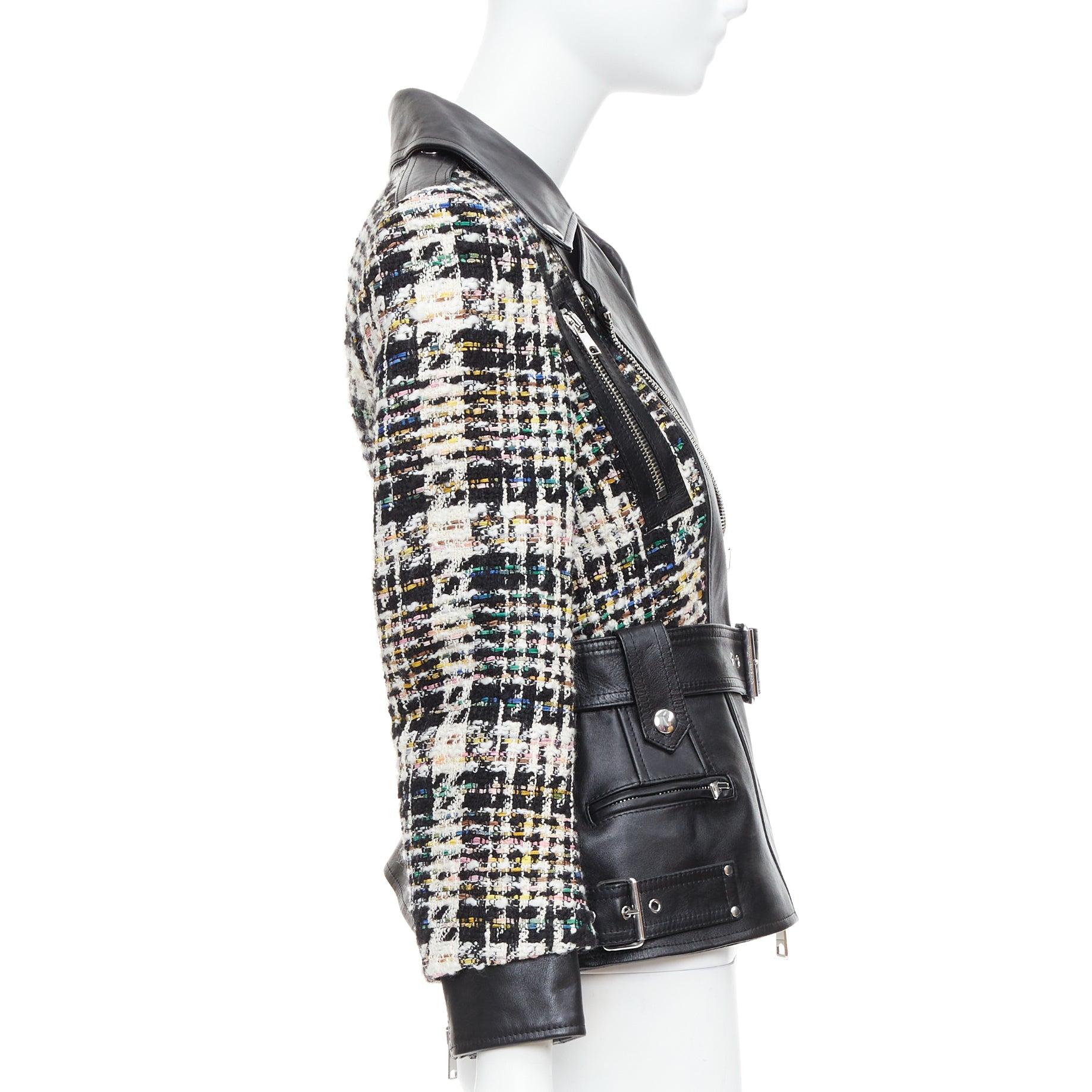 Donna Alexander McQueen 2023 Giacca biker ibrida in pelle nera tweed IT36 XXS in vendita