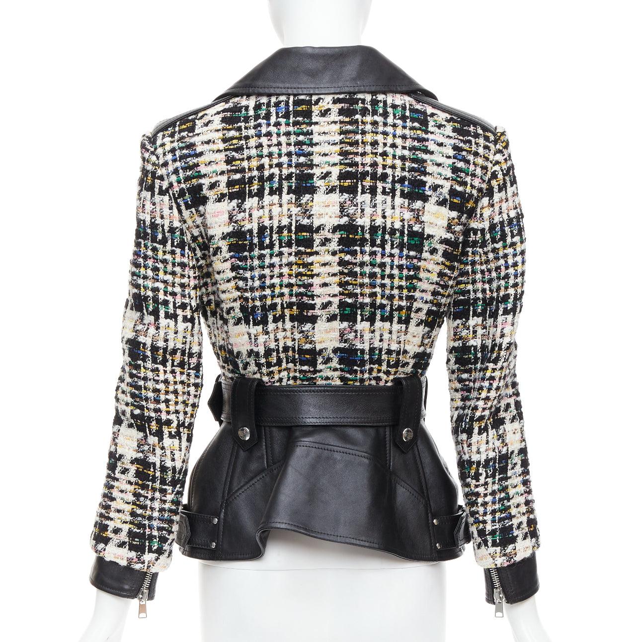 Alexander McQueen 2023 Giacca biker ibrida in pelle nera tweed IT36 XXS in vendita 1