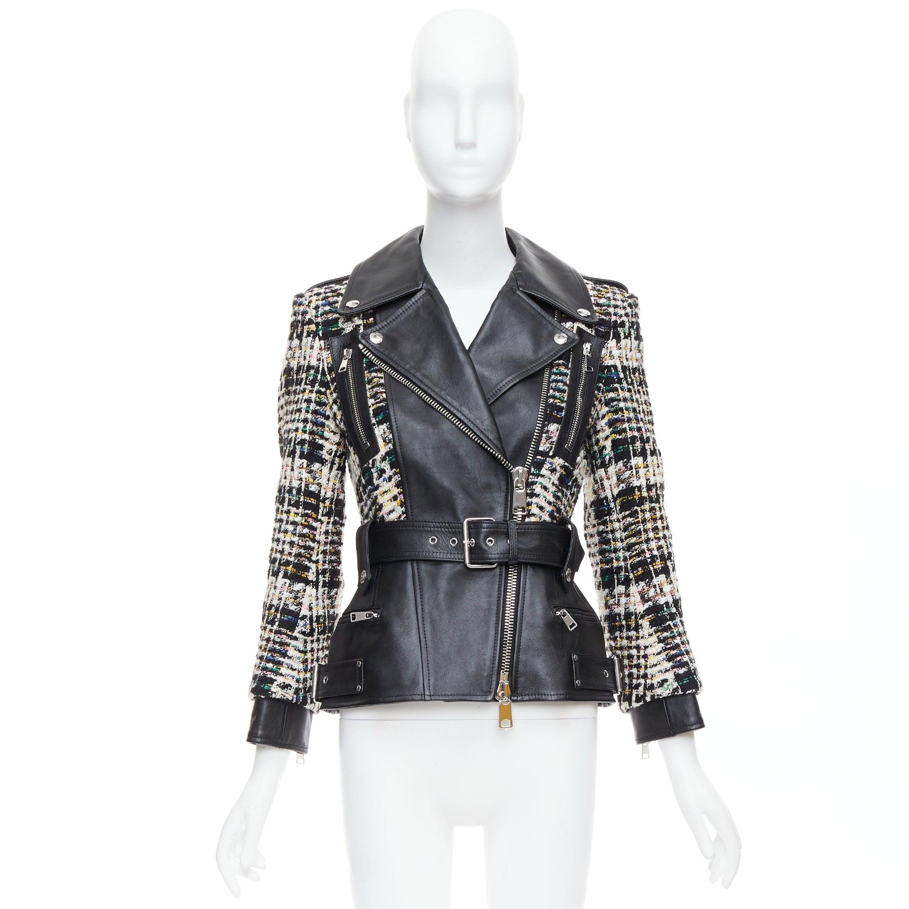Alexander McQueen 2023 Giacca biker ibrida in pelle nera tweed IT36 XXS in vendita 4