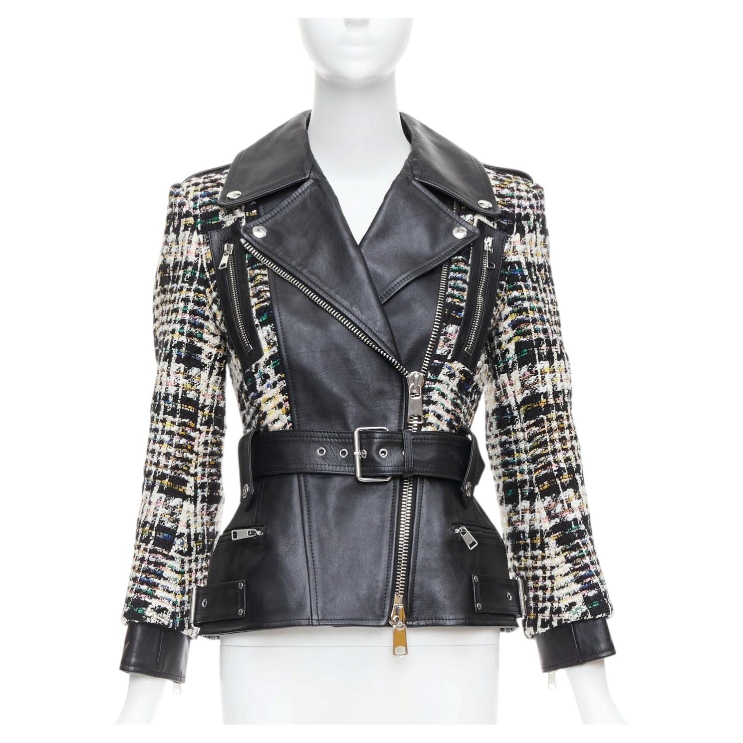 ALEXANDER MCQUEEN 2023 Hybrid punk black leather tweed biker jacket IT36 XXS For Sale