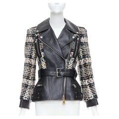 ALEXANDER MCQUEEN 2023 Hybrid punk black leather tweed biker jacket IT36 XXS