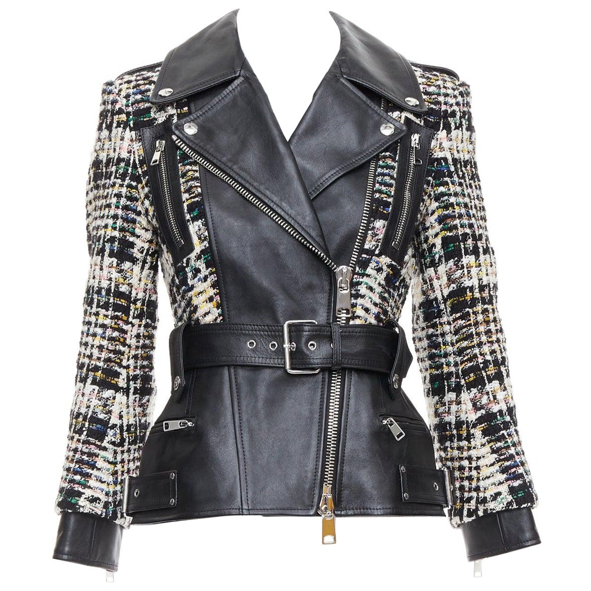 Alexander McQueen 2023 Giacca biker ibrida in pelle nera tweed IT36 XXS