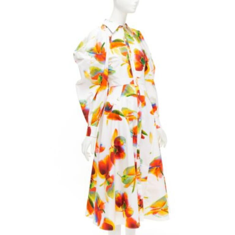 ALEXANDER MCQUEEN 2023 Orquídea solarizada vestido floral con hombros al descubierto IT38 XS Blanco en venta