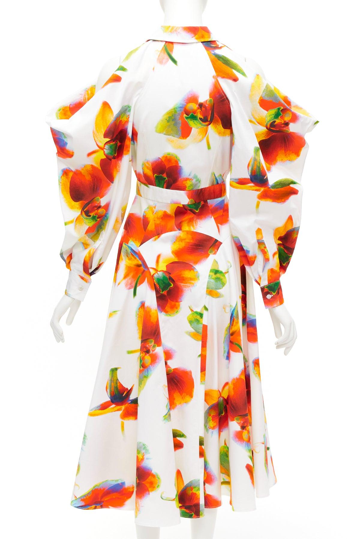 Women's ALEXANDER MCQUEEN 2023 Solarised Orchid floral slash shoulder dress IT38 XS For Sale