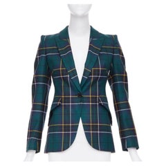ALEXANDER MCQUEEN 2025 green wool tartan pointed shoulder blazer jacket IT36 XXS