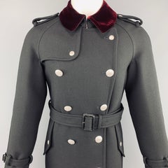 ALEXANDER MCQUEEN 38 Black Wool Silver Button Burgundy Vevet Collar Trench Coat