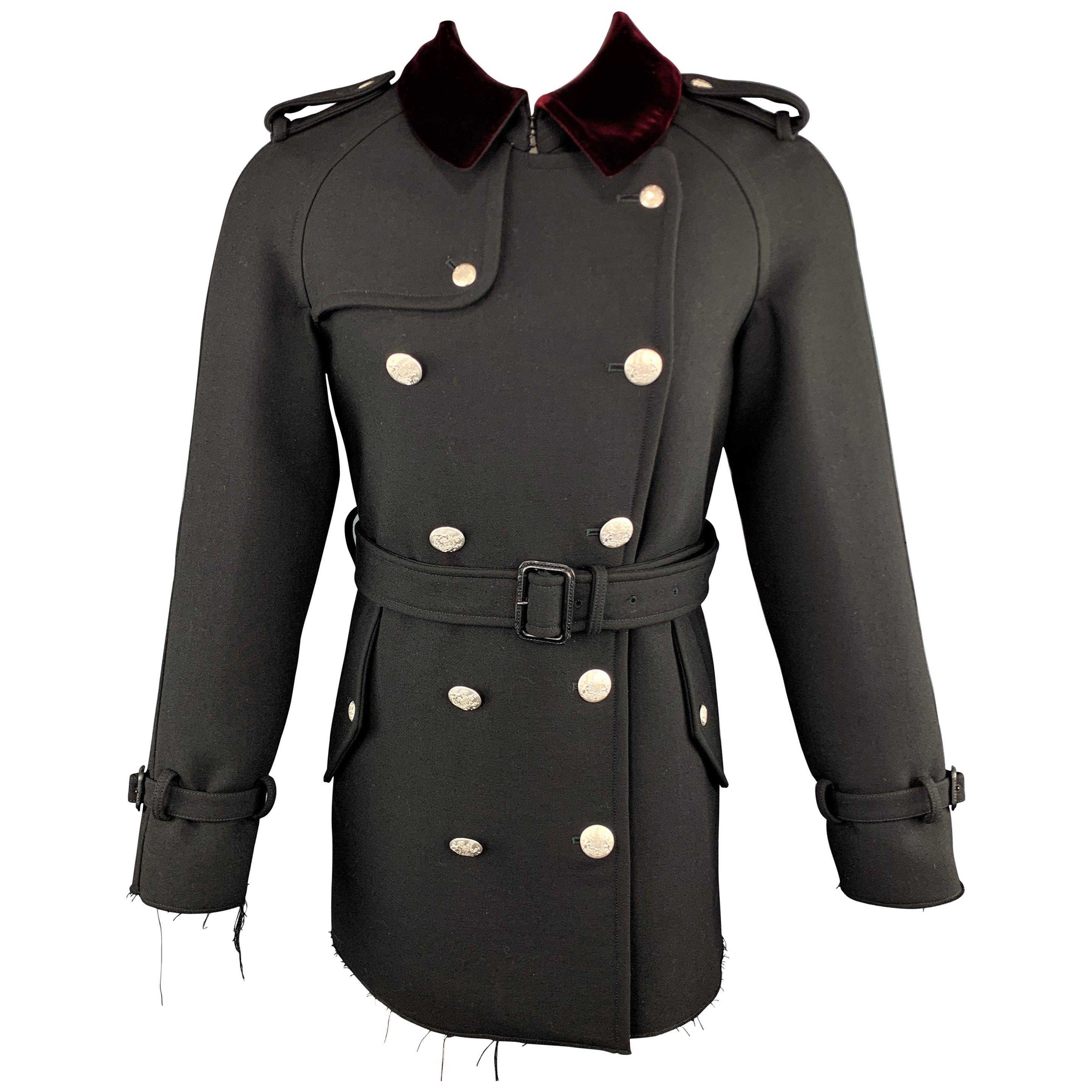 ALEXANDER MCQUEEN 38 Black Wool Silver Button Burgundy Vevet Collar Trench Coat